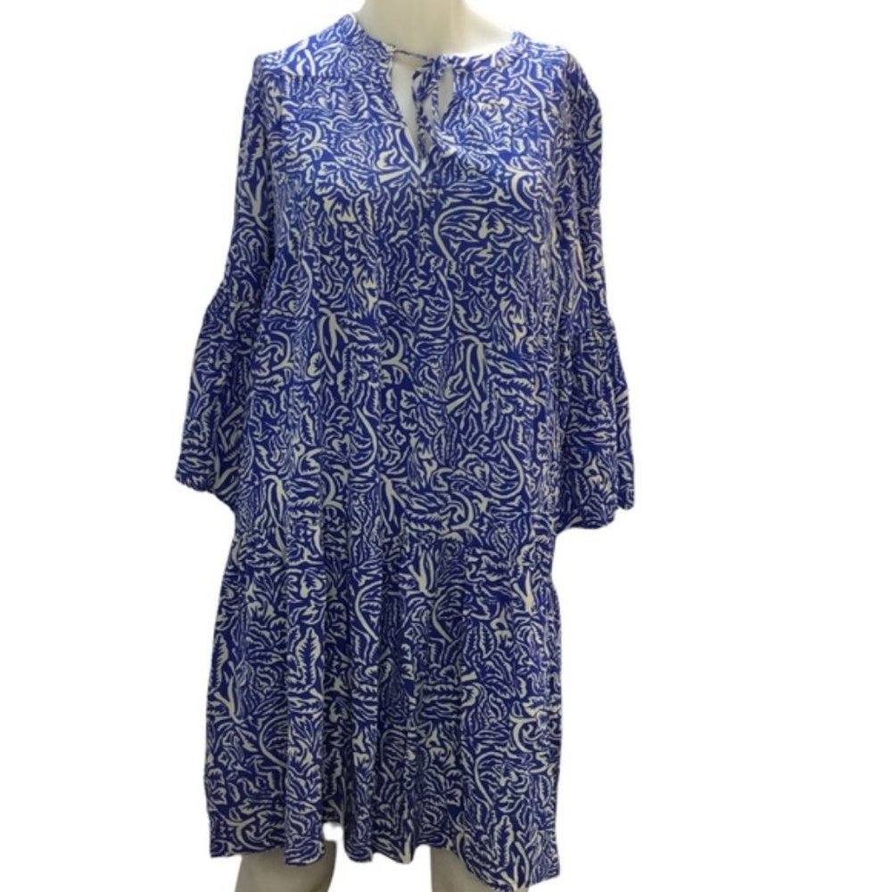 WARM 100% Silk Boho Tiered Dress Blue White Printed Size 3/Large